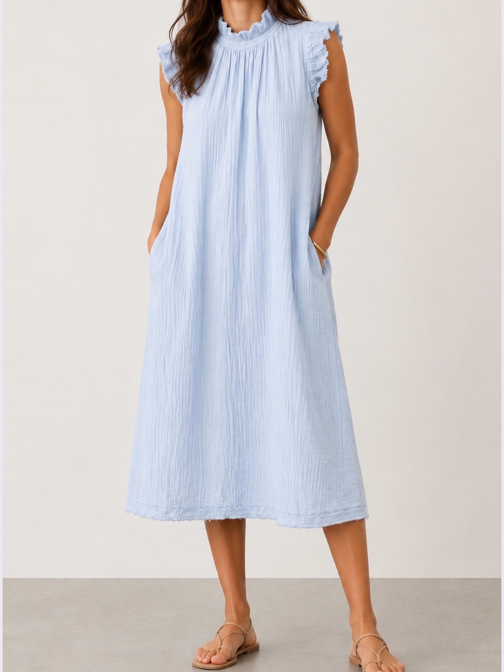 Stark X Light Blue Gauze Ruffle Coastal Boho Midi Dress